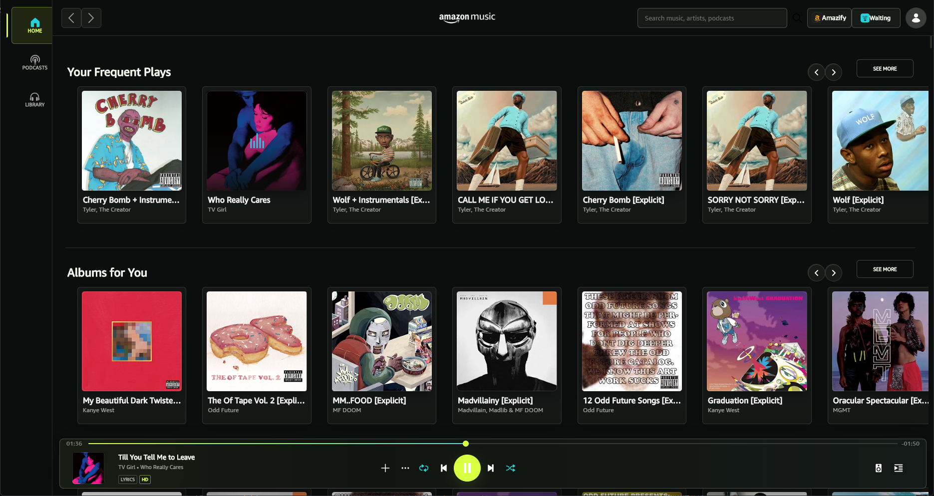 Amazon Music home page transformed by the Signal Studio theme